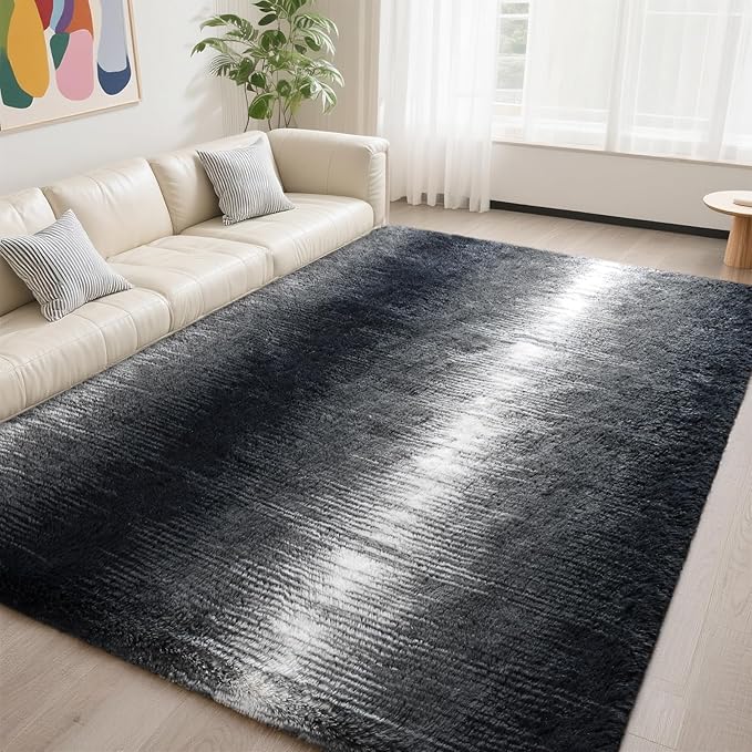 DweIke Luxury Fluffy Kids Rugs for Living Room Bedroom, 4x6 Feet Shaggy Black and White Area Rug for Girls Boys, Upgrade Plush Non-Slip and Washable Colorful Fuzzy Carpet for Dorm Nursery Decor