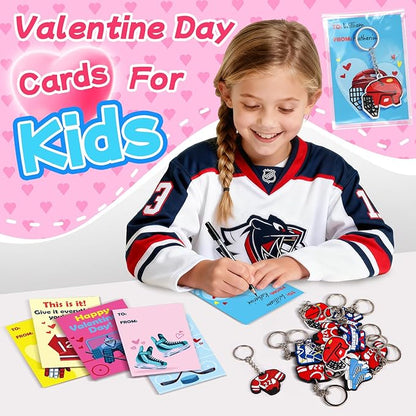 30 Pcs Valentine’s Gift Ice Hockey Keychains Bulk With Greeting Cards for Kids Sports Key Chain Party Favors School Classroom Gifts Exchange Hockey Goodie Bags Stuffers for Boys and Girls