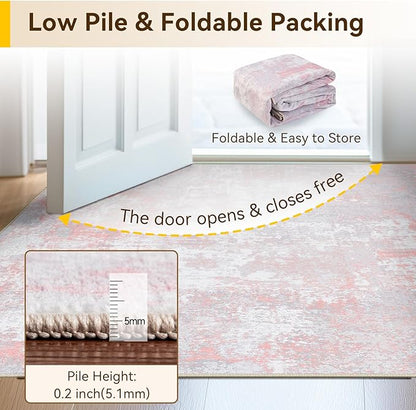 Washable Area Rugs 2'x3' Non-Slip Modern Abstract Soft for Living Room Entryway Bedroom Nursery, Print Pattern, Grey Pink