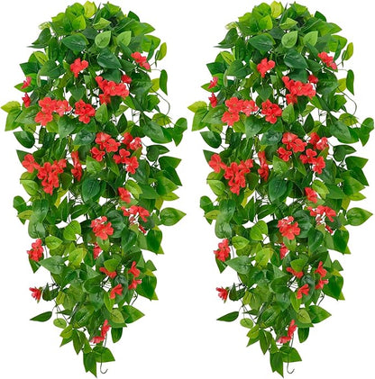 BLEUM CADE Artificial Hanging Flowers for Outdoors, 2pcs Fake Hanging Plants Pothos Vines with Red Flowers for Wall Home Living Room Indoor Outdoor Decor (No Baskets)