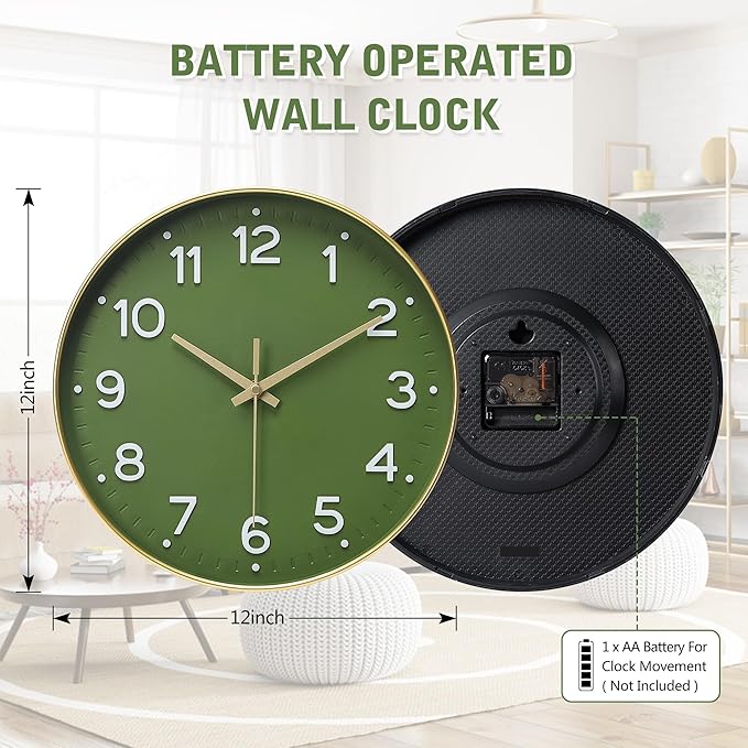 MEIRED Wall Clock 12 Inch Silent Non Ticking Battery Operated Round Wall Clock Modern Simple Style Decor Clock for Home/Office/School/Kitchen/Bedroom/Living Room, Olive Green and Gold