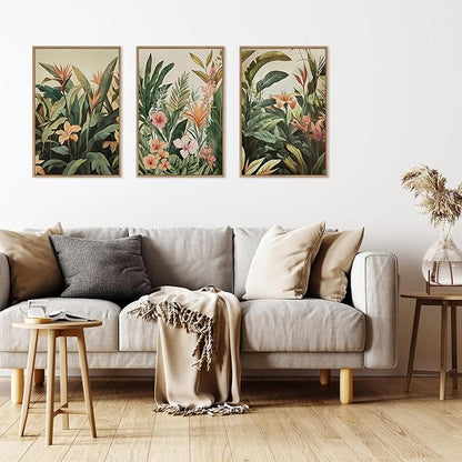 HLNIUC Boho Tropical Leaves Wall Art,Modern Abstract Floral Canvas Wall Decor Set of 3(16”x24”) Green Plant Banana Leaf Painting,Tropical Botanical Jungle Art Print for Living Room,Bedroom,Office