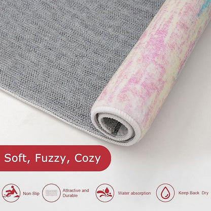 KOZYFLY Pink Nursery Rug for Baby Girl, Washable Thin Area Rugs 5x7 for Kids Bedroom Dorm Playroom, Non-Slip Faux Wool Soft Low Pile Living Room Rug for Dining Room, Kitchen Bathroom