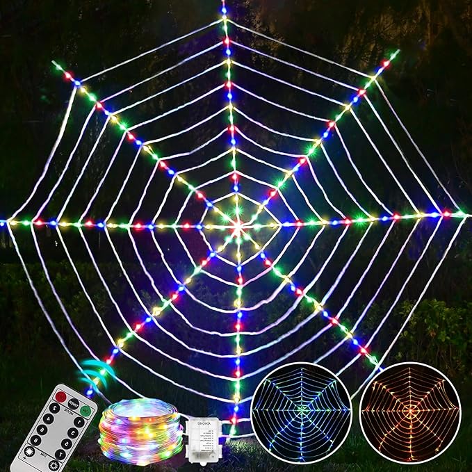 184 LED Spider Web Lights Halloween Decor, 3.6 m Giant Round Net Lights with Remote Control - 8 Modes & Timer for Garden Indoor - Colorful