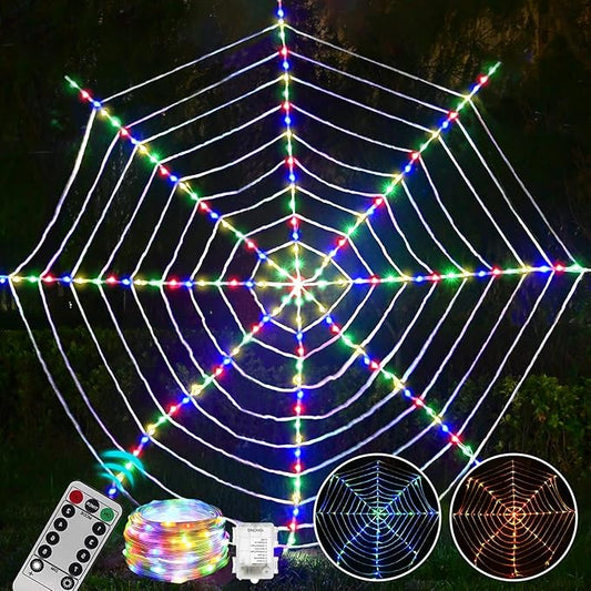 184 LED Spider Web Lights Halloween Decor, 3.6 m Giant Round Net Lights with Remote Control - 8 Modes & Timer for Garden Indoor - Colorful
