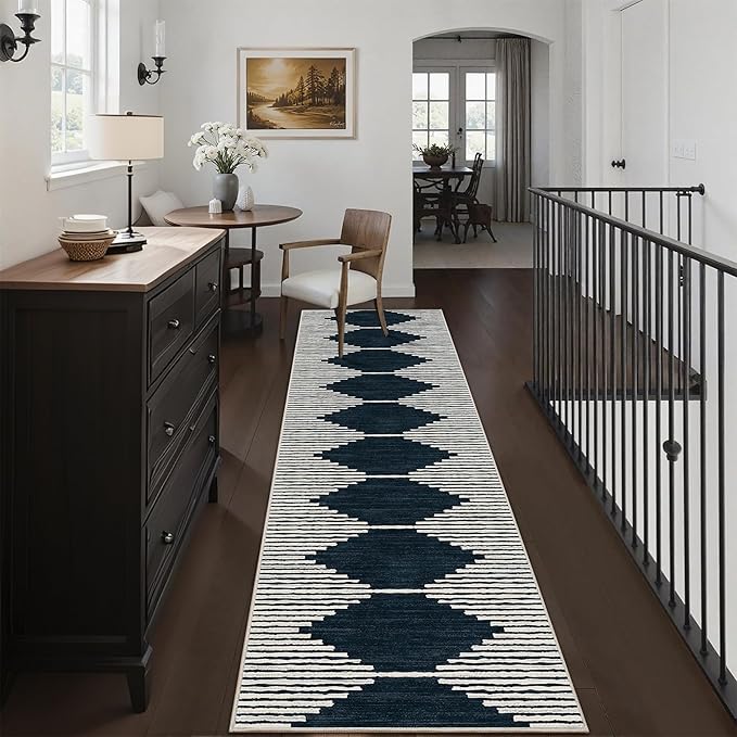 HelloTree Hallway Runner Rug，2.6x10 Moroccan Modern Stripe Carpet Washable Machine Bathroom Runner Bohemian Design Modern Soft Non Slip Indoor Rug for Entryway Hallway Laundry Room Bedroom-Blue