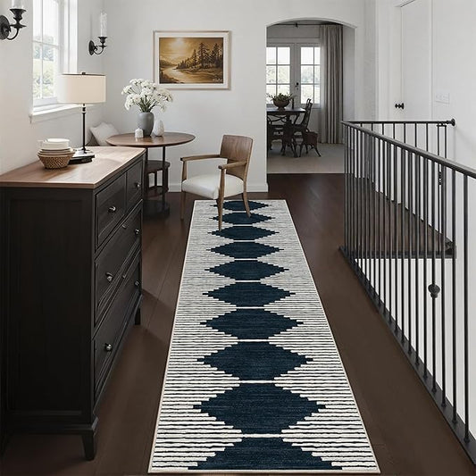 HelloTree Hallway Runner Rug，2.6x10 Moroccan Modern Stripe Carpet Washable Machine Bathroom Runner Bohemian Design Modern Soft Non Slip Indoor Rug for Entryway Hallway Laundry Room Bedroom-Blue