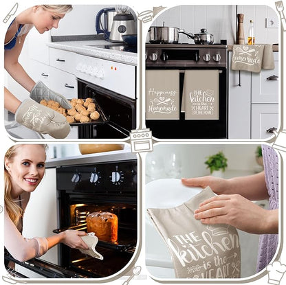 Sratte 6 Pcs Kitchen Decor Accessories Set Farmhouse Towels Pot Holders Oven Mitts Set 2 Dish Towels 2 Potholders 2 Cooking Mittens Oven Glove for Christmas Baking Cooking Supply(Beige,Kitchen)