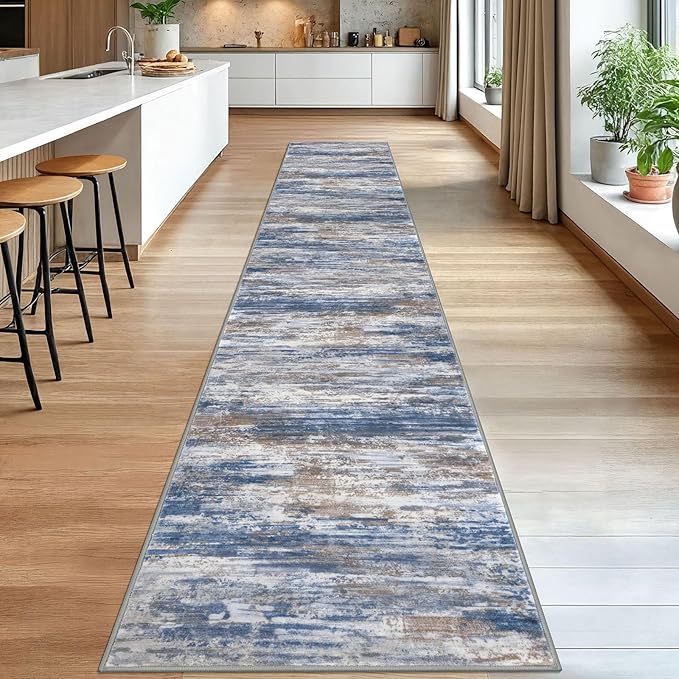 KOZYFLY Modern Abstract Washable Rug Runner 2.6x16 Hallway Rug Runner Non-Slip Soft Kitchen Runner Rugs, Blue Rust Striped Carpet for Entryway Bathroom Laundry Room Foyer