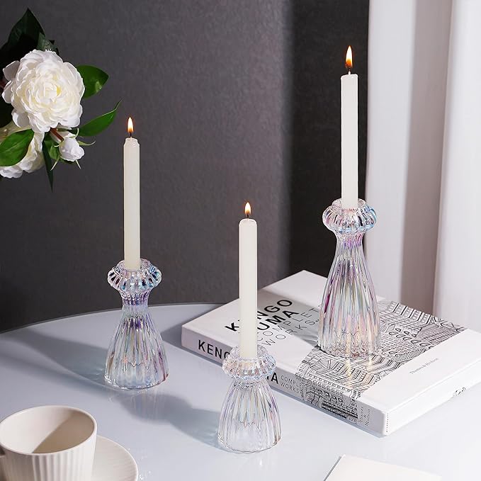 Lysenn Glass Candle Stick Holder Set of 6 – Premium Taper Candle Holders for Romantic Ambiance - Candle Sticks Holder Decor for Special Occasions - Iridescent
