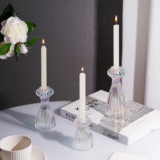 Lysenn Glass Candle Stick Holder Set of 6 – Premium Taper Candle Holders for Romantic Ambiance - Candle Sticks Holder Decor for Special Occasions - Iridescent