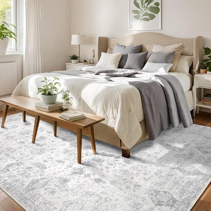 Washable 9×12 Area Rugs for Living Room, Vintage Floral Rug Soft Non Slip Stain Resistant Boho Carpet for Bedroom Dinning Room Kitchen Home Office Grey