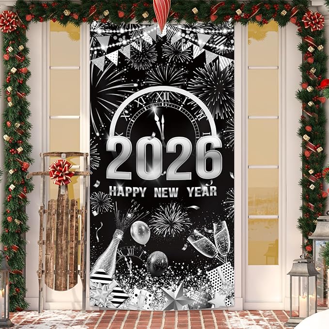 MEHOFOND 2026 Happy New Year Door Cover, Black and Silver New Year Front Door Party Decorations, Cheers to 2026 Hello 2026 Fireworks Champagne Balloon Decor Holiday Party Photo Booth Props