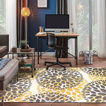 Rugshop Modern Yellow Floral Circles Design Area Rug – Elegant Non-Shedding, 7'6" x 9'5" for Living Room, Bedroom, Dining Room, Kitchen