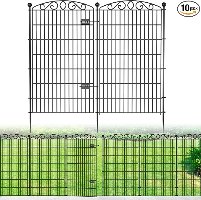 10 Panel No Dig Decorative Garden Fence with Gate - 48in H x 22.5ft L,Dog Fence Outdoor for Yard,Tall Animal Barrier for Dogs Rabbits, Rustproof Metal Wire Panels for Yard,Patio, Flower Bed