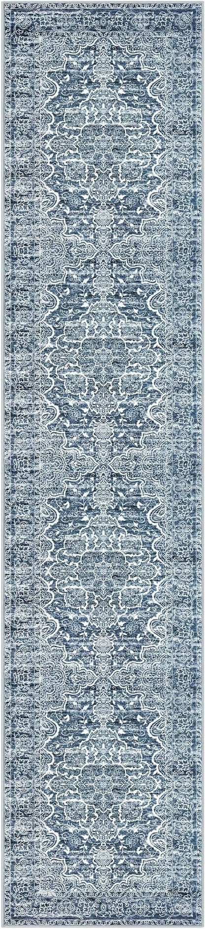 KUTA Vintage Floral Washable Runner Rug 2.6x12, Non-Slip Hallway Kitchen Rugs Blue White with Rubber Backing,Ultra Soft Printed Distressed Modern Extra Long 12ft Carpet Runners Indoor for Bedroom