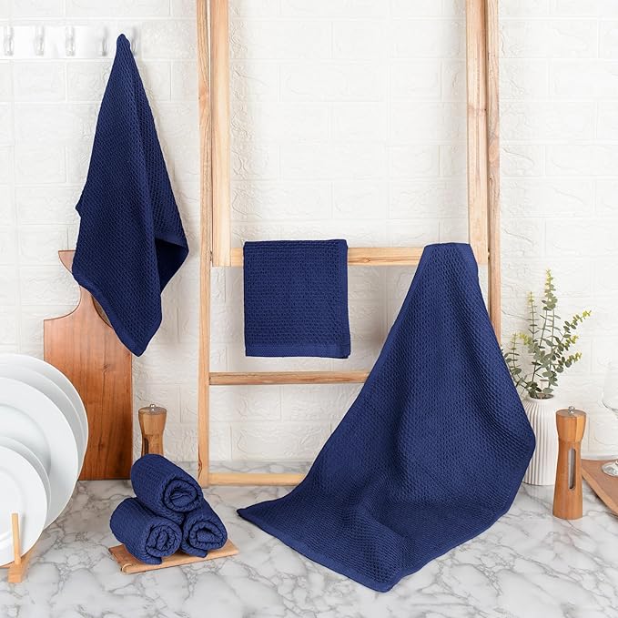 Cotton Waffle Weave Kitchen Towels - Pack of 12 (13x28 Inches), High GSM, Ultra Soft, Absorbent Dish, Best for Dish Cloths, Hand Towels & Dish Rags - Blue (Kitchen Essentials)
