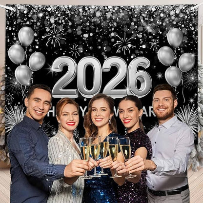MEHOFOND 7x5ft Black and Silver 2026 Happy New Year Backdrop Hello 2026 New Year Eve Party Photography Background Balloon Fireworks Glitter Dots Cheers to 2026 Decor Banner Photo Booth Props