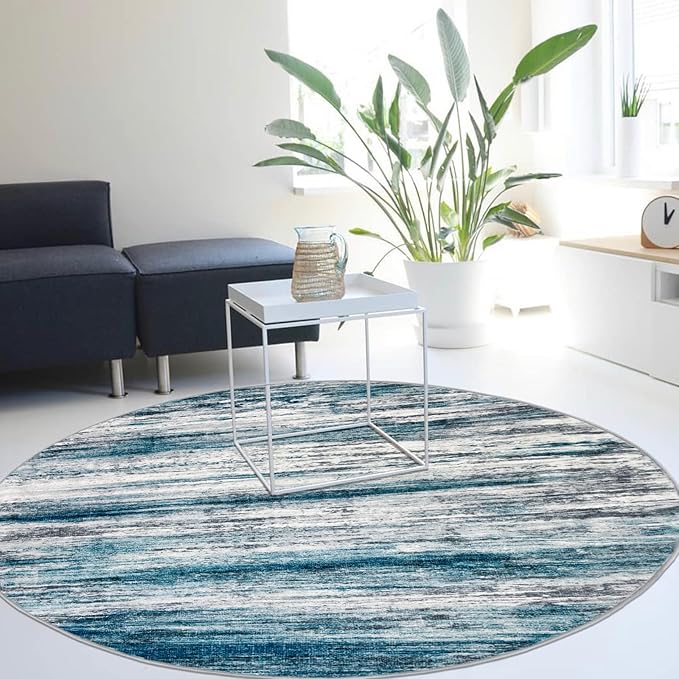 KOZYFLY Modern Abstract Round Area Rug 5Ft, Washable Kitchen Rug Non-Slip Soft Bathroom Circle Rug, Blue Striped Entryway Rugs Print Faux Wool Doormat for Bedside Entrance Bedroom Sink