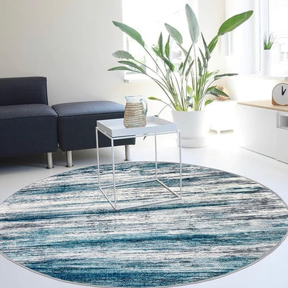 KOZYFLY Modern Abstract Round Area Rug 5Ft, Washable Kitchen Rug Non-Slip Soft Bathroom Circle Rug, Blue Striped Entryway Rugs Print Faux Wool Doormat for Bedside Entrance Bedroom Sink