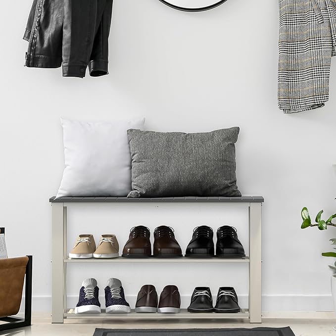 Simple Houseware Wood Top Shoe Storage Bench for Entryway, Grey