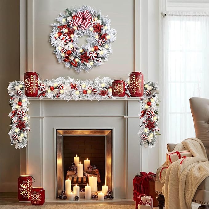 WANNA-CUL Pre-Lit 30 Inch Large Lighted Christmas Wreath for Front Door with 50 Led Lights, Red White Lighted Christmas Door Wreath Decor with Ball Ornaments, Candy Canes, Battery Operated