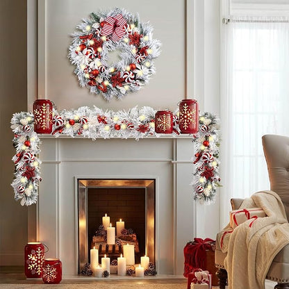 WANNA-CUL Pre-Lit 30 Inch Large Lighted Christmas Wreath for Front Door with 50 Led Lights, Red White Lighted Christmas Door Wreath Decor with Ball Ornaments, Candy Canes, Battery Operated