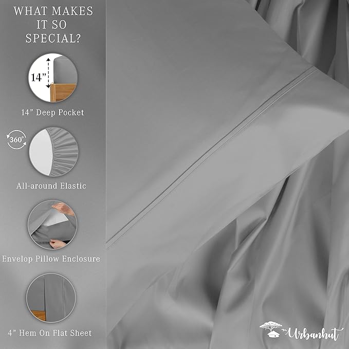 URBANHUT 800 Thread Count Egyptian Cotton Sheets Twin Size, Long Staple Sheets Set for Twin Size Bedding, 3 Pc Bed Sheet Sets, Luxury Hotel Sateen Sheets Fits 16" Deep Pocket - Dark Grey