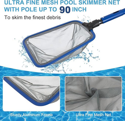 Pool Cleaning Kit, 14.5'' Pool Brush Head & Ultra Fine Mesh Pool Skimmer Net with Pole, Aluminum Frame Pool Net Skimmer & Pool Brush with Pole,Pool Net & Pool Brushes for Cleaning Pool Walls with Pole