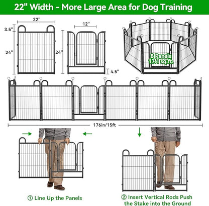Puppy Playpen 8 Piece Panels Small Dog Fence Outdoor Indoor Use 24" Height Anti-Rust with Doors Portable Dog Play Pen for RV Camping Yard, Total 15FT, 17 Sq.ft, Snowy Black