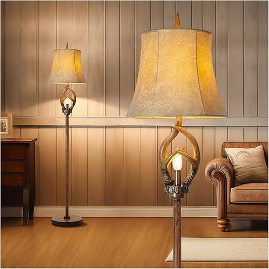Rustic Farmhouse Antlers Floor Lamp with Night Light Faux Leather Bell Shade Brown Finish Tall Industrial Tall Standing Lamp Decor for Living Room Bedroom Hotel Office (Bulb Included)