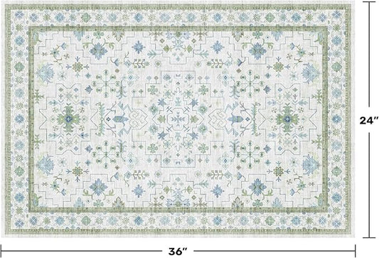 Washable Boho Bathroom Rug 2x3 - Small Throw Area Rugs for Powder Room, Laundry, Kitchen, Blue and Green Oushak Modern Eclectic Geometric Floral Pastel Decor, Low Pile Non-Slip Stain Resistant
