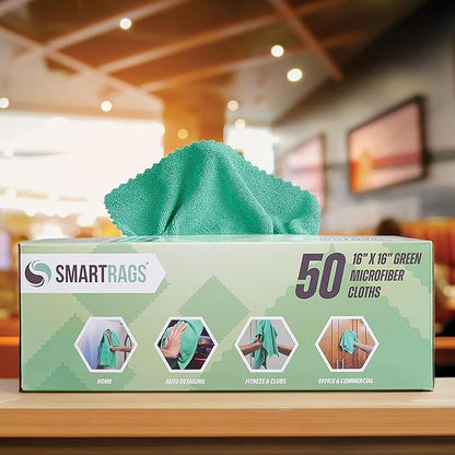 Arkwright Smart Rags in Box - (Bulk Case of 400) Lint Free, Large Microfiber Cleaning Cloth, Scratch & Streak-Free, Dispensable Wash Towels for Cars, Kitchen, and Window Glass, 16 x 16 in, Green