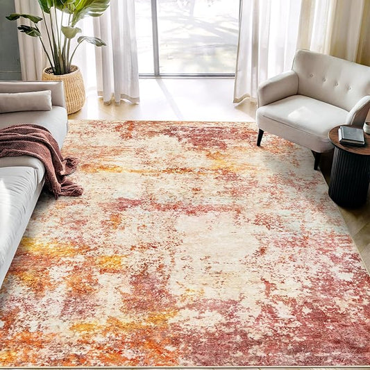 Area Rug Living Room Rugs - 6x9 Washable Modern Neutral Abstract Rugs Soft Low Pile No Slip Stain Resistant Rug Indoor Large Carpet for Bedroom Dining Room Nursery Room Home - Pink/Orange