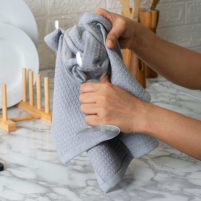 Blue Needles Waffle Weave Kitchen Towels, 15x25 Inches 100% Cotton Set of 6 Dish Cloths for Kitchen, Ultra Soft & Absorbent with Hanging Loop, Dish Rags for Quick Drying, Assorted - Ash Grey
