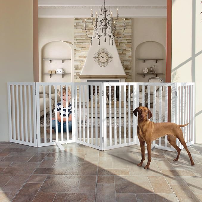 Dog Gate Indoor, Freestanding Dog Fence for The House, Doorways, Hallways,or Stairs,Pet Gate Foldable Wooden,Expandable 32" Height 6 Panels,White