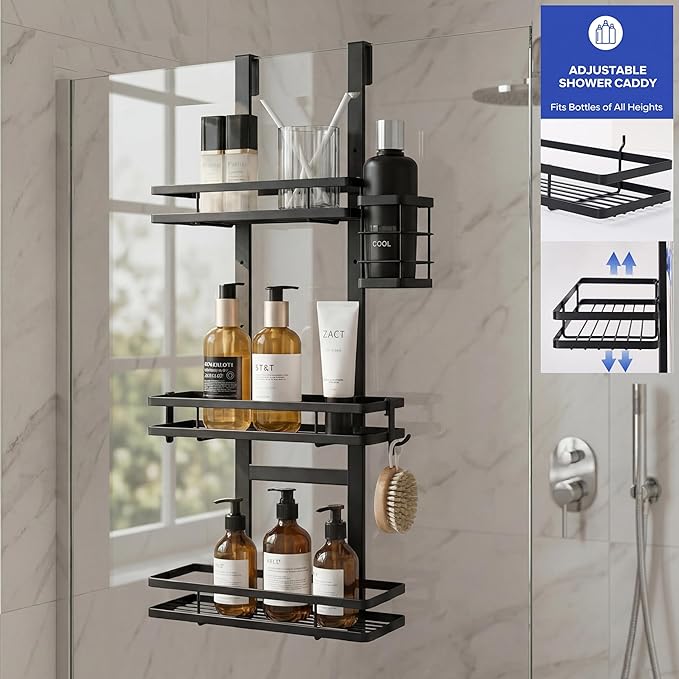 Over the Door Shower Caddy Hanging, Rustproof Shower Shelves with Waterproof Phone Pouch, 3-Tier Adjustable Bathroom Organizers and Storage, No Drilling Shower Shelf, Black Shampoo Soap Holder