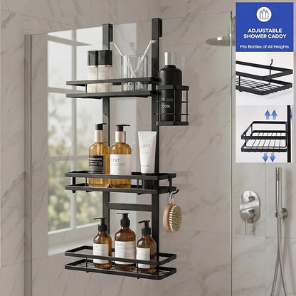 Over the Door Shower Caddy Hanging, Rustproof Shower Shelves with Waterproof Phone Pouch, 3-Tier Adjustable Bathroom Organizers and Storage, No Drilling Shower Shelf, Black Shampoo Soap Holder