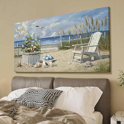 ARTZON Beach Pictures Wall Art – Blue Seascape Extra Large Ocean Scenery Print Floral Decorations Artwork Relaxing Seagulls Canvas Wall-decor for Restroom, Bedroom, Office, 58x29 Inch