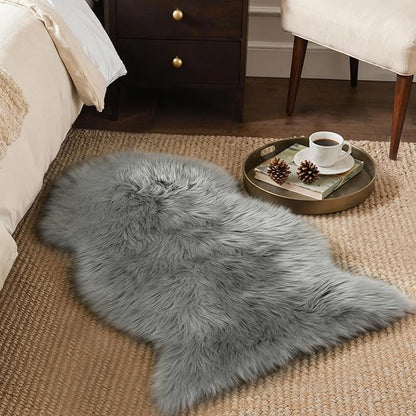 GENIMO 2x3 Fluffy Faux Fur Rug, Ultra Soft Shaggy Sheepskin Rug, Area Rugs for Bedroom, Living Room, Home Office, Light Grey