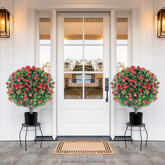 2 Set Artificial Rose Bushes for Outdoors, 27.6''H Artificial Boxwood Plants Outdoor with Spike, Faux Flowering Shrubs, UV Resistant Large Topiary Balll Trees for Porch Garden Yard Patio Decor