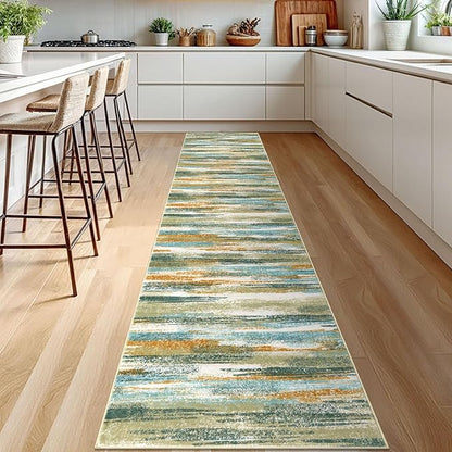 Modern Abstract Runner Rug 2.6x12, Green Mustard Multi Washable Long Kitchen Runner Non-Slip Soft Hallway Rug Runner Thin Print Faux Wool Carpet for Entryway Bedroom Laundry Room Indoor