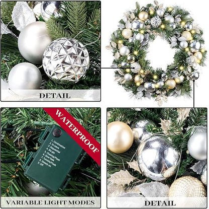 WANNA-CUL Pre-Lit 30 Inch Large Christmas Wreath for Front Door with 50 Led Lights,Champagne Gold Lighted Christmas Door Wreath Decor with Ball Ornaments, Battery Operated
