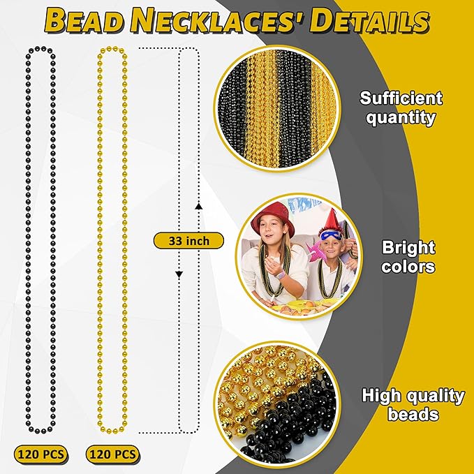 240PCS Black Gold Beads, New Years Eve Black and Gold Party Decorations, 33" Festival Black Gold Beaded Necklace Accessories Bulk, New Years Graduations Mardi Gras Parade Throw Accessories