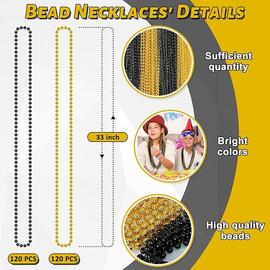240PCS Black Gold Beads, New Years Eve Black and Gold Party Decorations, 33" Festival Black Gold Beaded Necklace Accessories Bulk, New Years Graduations Mardi Gras Parade Throw Accessories