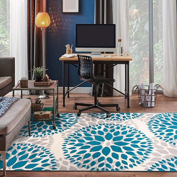 Rugshop Modern Blue Floral Circles Design Area Rug – Elegant Non-Shedding, 3'1" x 5' for Living Room, Bedroom, Dining Room, Kitchen