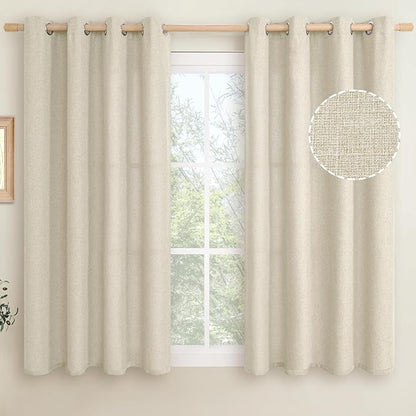 LAMIT Natural Linen Curtains for Bedroom 45 inch Length 2 Panels, Linen Textured Thermal Insulated Curtains Grommet Privacy Burlap Neutral Drapes for Living Room/Farmhouse, W52 x L45, Natural Beige