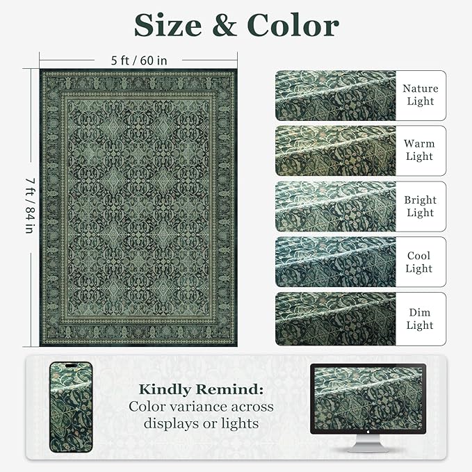 Washable Rugs 5x7, Dark Green Floral Moroccan Printed Area Rug for Living Room Bedroom, Low Pile Thin Carpet Rug with Rubber Backing Non Slip for Dining Room Kitchen Home Office Vintage Boho