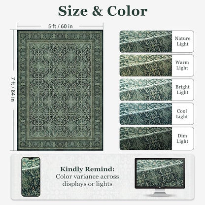 Washable Rugs 5x7, Dark Green Floral Moroccan Printed Area Rug for Living Room Bedroom, Low Pile Thin Carpet Rug with Rubber Backing Non Slip for Dining Room Kitchen Home Office Vintage Boho
