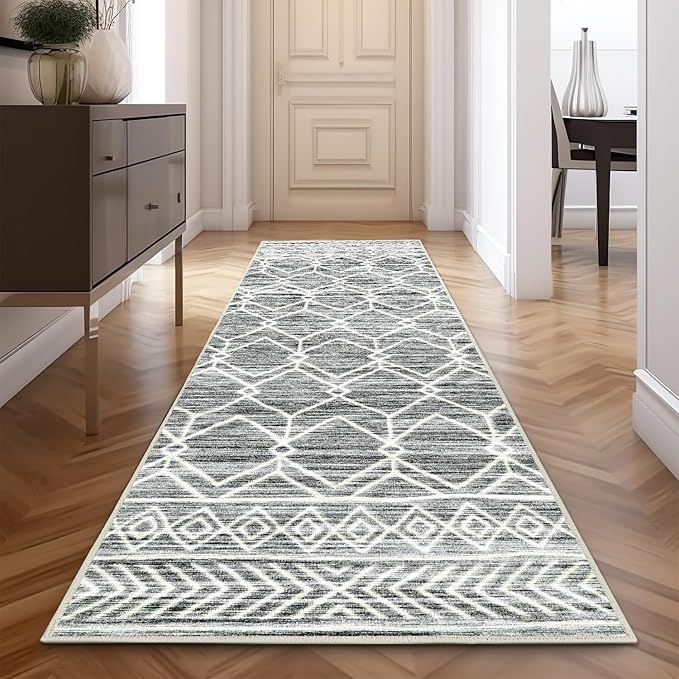 jinchan Moroccan Runner Rug 3x7 - Kitchen Machine Washable Runner Rug Modern Geometric Low-Pile Lightweight Non-Slip Carpet for Entryway Hallway Laundry Room Bedroom Bedside (3x7ft, Grey)